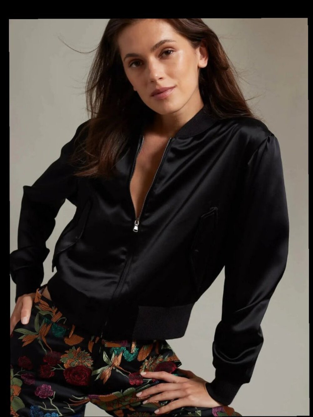 BLACK SATIN BOMBER JACKET